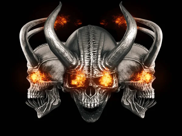 Heavy Metal Demon Schedels Met Helse Vlammende Ogen — Stockfoto