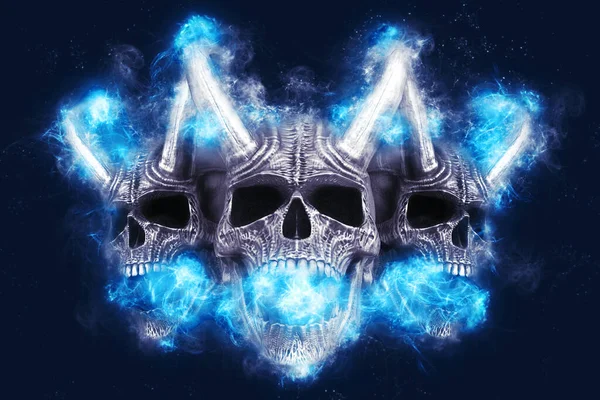 青いプラズマエネルギーに囲まれた大きな角を持つ悪魔の頭蓋骨 — ストック写真