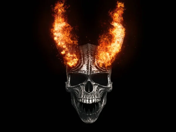 Demon Schedel Met Hoorns Brand Geïsoleerd Zwarte Achtergrond — Stockfoto