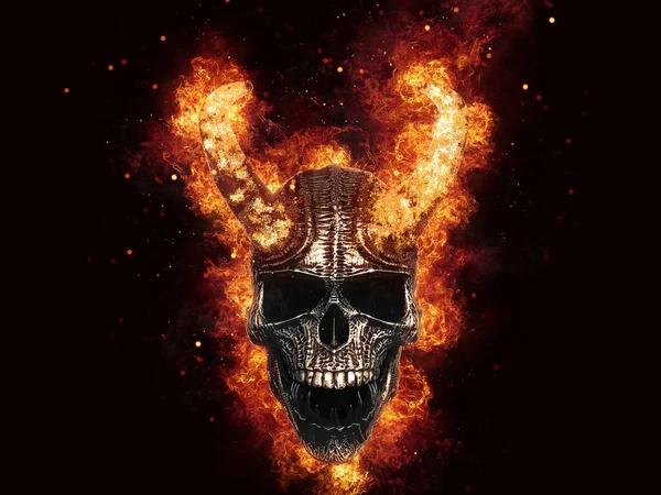 Schreeuwende Demonenschedel Met Vlammende Hoorns Brandend Vuur Erachter — Stockfoto