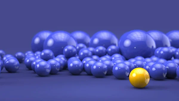 Bola Amarela Brilhante Destaca Fundo Azul Preenchido Com Esferas Azuis — Fotografia de Stock