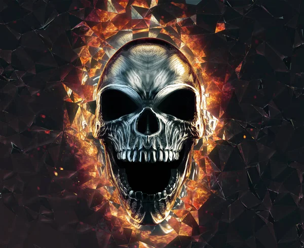 Screaming Heavy Metal Skull Exploding Glass Flames — Stock Photo, Image