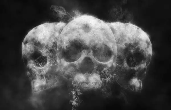 Três Crânios Feitos Fumaça Efeito Visual Fumaça Fundo Escuro — Fotografia de Stock
