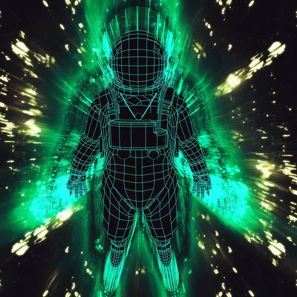 穿着宇航服的发光宇航员 光速的发光绿色旅行 — 图库照片