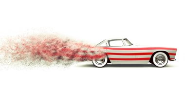 Beyaz zemin üzerinde izole edilmiş parçacıklara ayrılan klasik kırmızı ve beyaz kaslı araba.