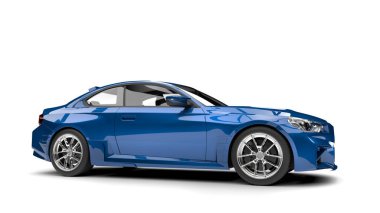 Metalik mavi, hızlı sedan araba. Güzel, düşük açılı çekim.