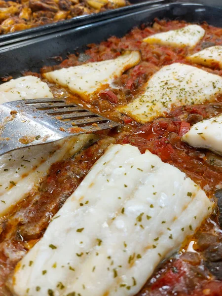 Baked Cod Chopped Vegetables Homemade Tomato Sauce Stock Image