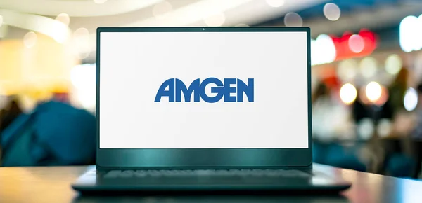 Poznan Pol Oct 2022 Computador Portátil Com Logotipo Amgen Uma — Fotografia de Stock