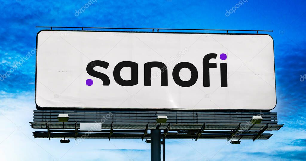 POZNAN, POL - OCT 28, 2022: Advertisement billboard displaying logo of Sanofi, a pharmaceutical and healthcare company headquartered in Paris, France