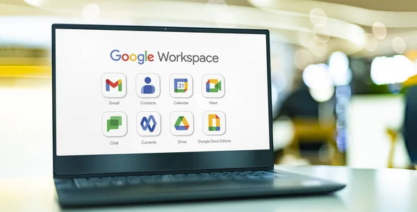 Poznan Pol Nov 2022 Laptop Számítógép Amely Megjeleníti Google Workspace — Stock Fotó