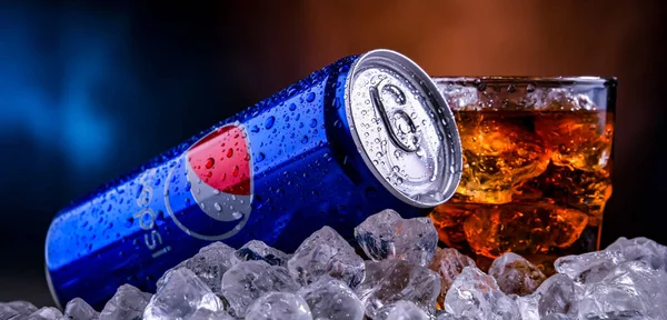 stock image POZNAN, POL - NOV 24, 2022: Can of Pepsi, a carbonated soft drink produced and manufactured by PepsiCo. The beverage was created and developed in 1893 under the name Brad's Drink