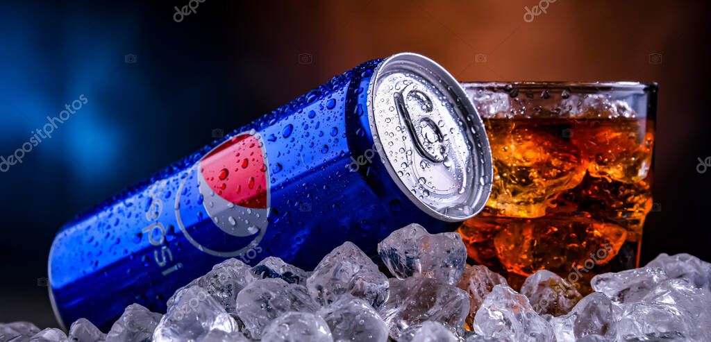 POZNAN, POL - NOV 24, 2022: Can of Pepsi, a carbonated soft drink produced and manufactured by PepsiCo. The beverage was created and developed in 1893 under the name Brad's Drink