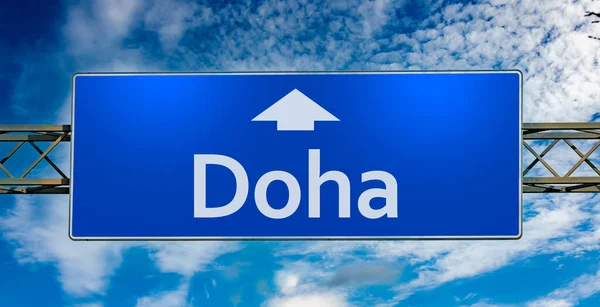 Road Sign Indicating Direction City Doha —  Fotos de Stock