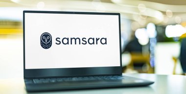 POZNAN, POL - DEC 28, 2022: Laptop computer displaying logo of  Samsara, an American IoT company headquartered in San Francisco, California.