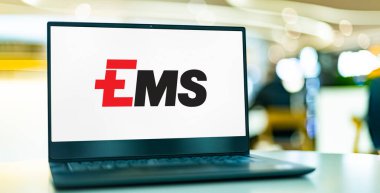 POZNAN, POL - DEC 28, 2022: Laptop computer displaying logo of Ems-Chemie, a Swiss corporate group based in Domat/Ems, in the canton of Graubuenden