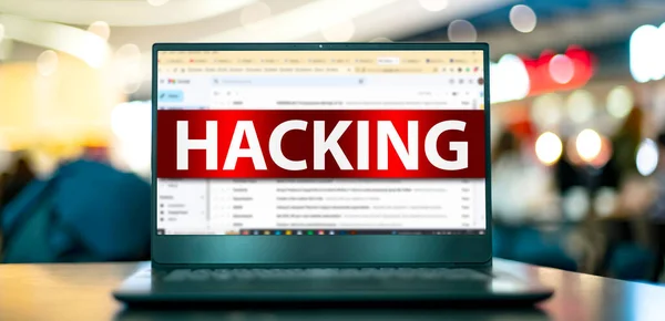 Laptop Computer Displaying Sign Hacking Internet Email Site — Stock Photo, Image