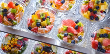 Plastic boxes with pre-packaged fruit salads, put up for sale in a commercial refrigerator