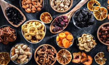 Composition with a variety of dried fruits and assorted nuts. Delicacies.
