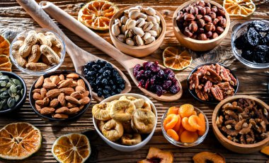 Composition with a variety of dried fruits and assorted nuts. Delicacies.