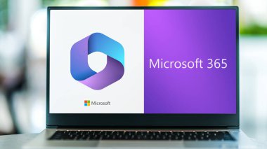 POZNAN, POL - JAN 19, 2023: Laptop computer displaying logo of Microsoft 365, a product family of productivity software, collaboration and cloud-based services owned by Microsoft