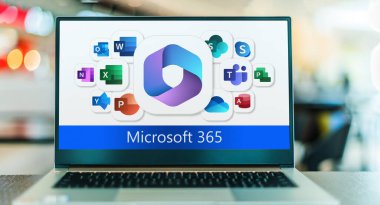 POZNAN, POL - JAN 19, 2023: Laptop computer displaying logos of Microsoft 365, a product family of productivity software, collaboration and cloud-based services owned by Microsoft