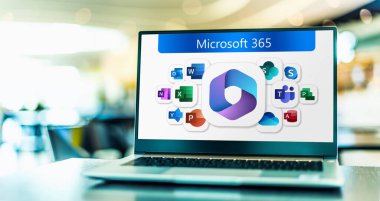 POZNAN, POL - JAN 19, 2023: Laptop computer displaying logos of Microsoft 365, a product family of productivity software, collaboration and cloud-based services owned by Microsoft