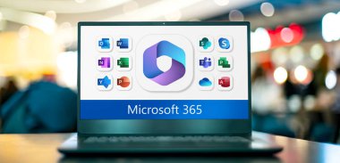 POZNAN, POL - JAN 19, 2023: Laptop computer displaying logos of Microsoft 365, a product family of productivity software, collaboration and cloud-based services owned by Microsoft