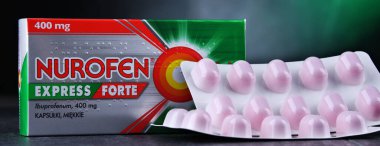 POZNAN, POL - DEC 14, 2022: Package of Nurofen, a brand name range of pain-relief medication containing ibuprofen made by the British multinational Reckitt