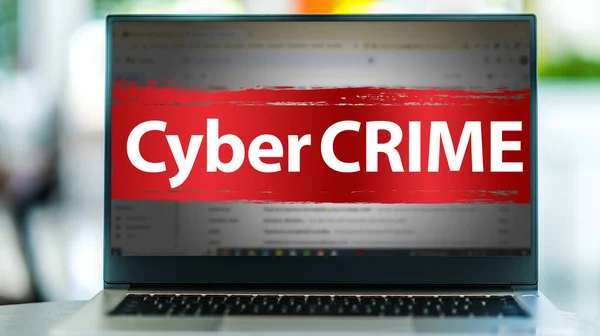 Laptop Computer Displaying Sign Cybercrime Internet Email Site — Stock Photo, Image