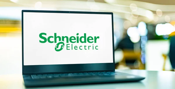 Poznan Pol May 2022 Laptop Computer Displaying Logo Schneider Electric — Stock Photo, Image