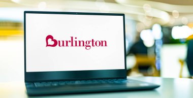 POZNAN, POL - NOV 22, 2022: Laptop computer displaying logo of Burlington, a  national off-price department store retailer, and a division of Burlington Coat Factory Warehouse Corporation