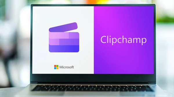 stock image POZNAN, POL - FEB 21, 2023: Laptop computer displaying logo of Clipchamp, an online video editing tool owned by Microsoft and created by the Australian company of the same name