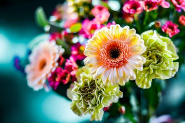 Bir buket taze kesilmiş çiçekle kompozisyon.