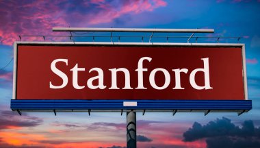 POZNAN, POL - MAR 7, 2023: Stanford, Kaliforniya 'da özel bir araştırma üniversitesi olan Stanford Üniversitesi' nin logosunu gösteren reklam panosu