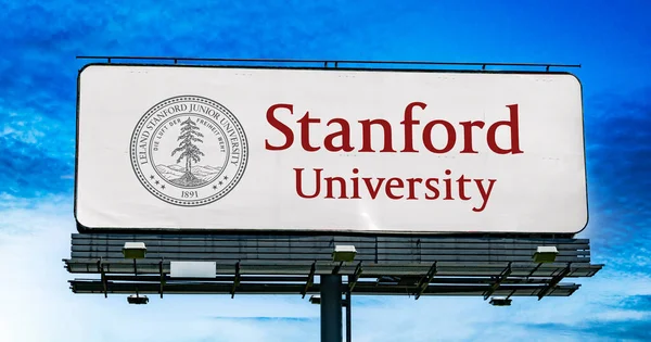 Stock image POZNAN, POL - MAR 7, 2023: Advertisement billboard displaying logo of Stanford University, a private research university in Stanford, California