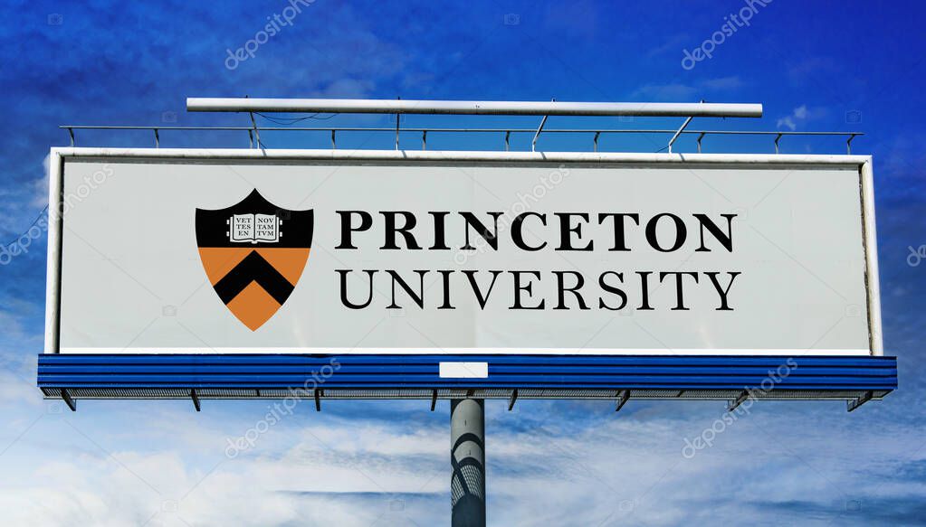 POZNAN, POL - MAR 7, 2023: Advertisement billboard displaying logo of Princeton University, a private Ivy League research university in Princeton, New Jersey