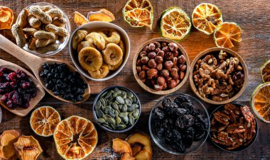Composition with a variety of dried fruits and assorted nuts. Delicacies.