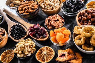 Composition with a variety of dried fruits and assorted nuts. Delicacies.