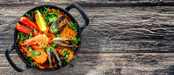 Seafood Paella Served Cast Iron Pan — Foto Stock