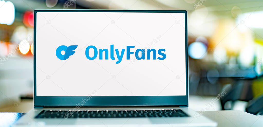 POZNAN, POL - MAR 21, 2023: Laptop computer displaying logo of OnlyFans, an internet content subscription service based in London, UK