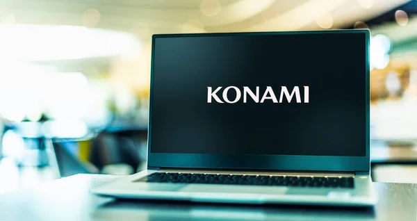 Poznan Pol Mar 2021 Laptop Computer Displaying Logo Konami Holdings — Zdjęcie stockowe