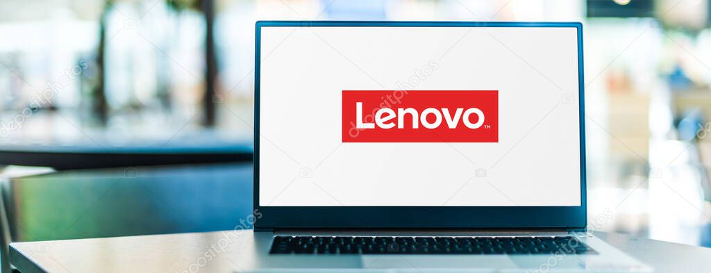 POZNAN, POL - SEP 23, 2020: Laptop computer displaying logo of Lenovo, a multinational technology company with headquarters in Beijing, China