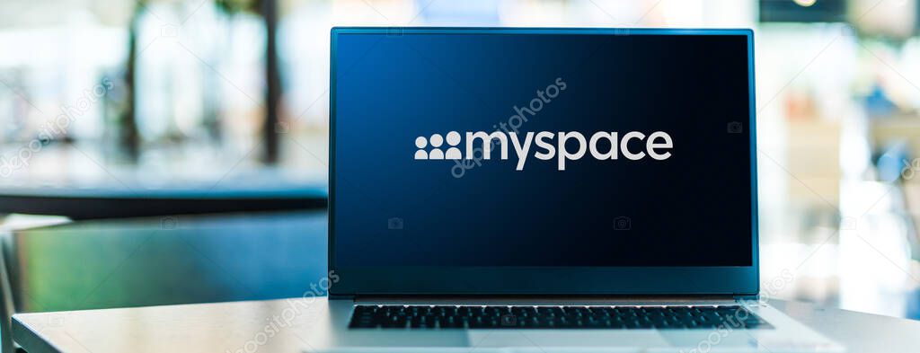 POZNAN, POL - SEP 23, 2020: Laptop computer displaying logo of Myspace, an American social networking service