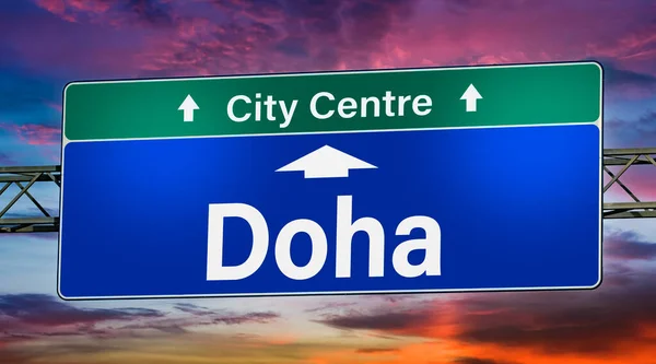Road Sign Indicating Direction City Doha — Stock Photo, Image