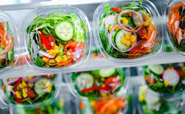 Önceden paketlenmiş sebze salatalarıyla dolu plastik kutular. Ticari bir buzdolabında satılıyor.