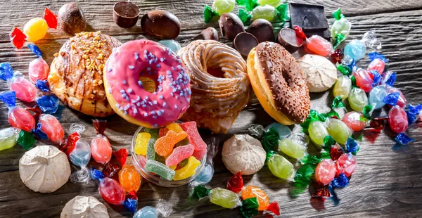 Food products rich in sugar. Junk food.