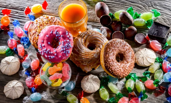 Food products rich in sugar. Junk food.