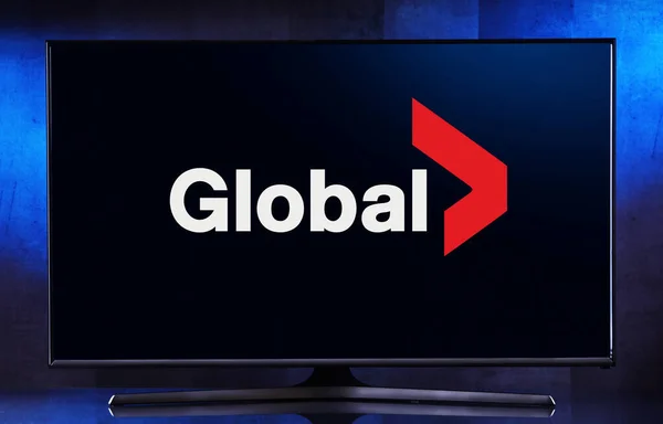 Poznan Pol Apr 2023 Tela Plana Exibindo Logotipo Global Television — Fotografia de Stock