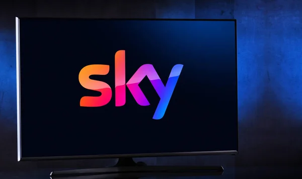 Poznan Pol Kwiecień 2023 Telewizor Płaskim Ekranem Logo Sky Group — Zdjęcie stockowe