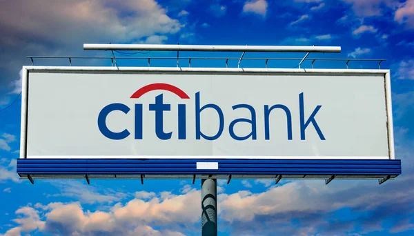 stock image POZNAN, POL - MAR 7, 2023: Advertisement billboard displaying logo of Citibank, the primary U.S. banking subsidiary of financial services multinational Citigroup